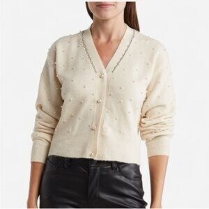 Astr the Label Pearl rhinestone Cream Cardigan Sweater